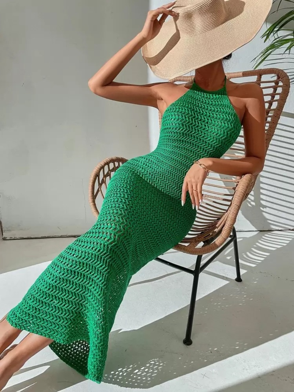 Green Crochet Backless Halter Neck Bodycon Dress Size XL